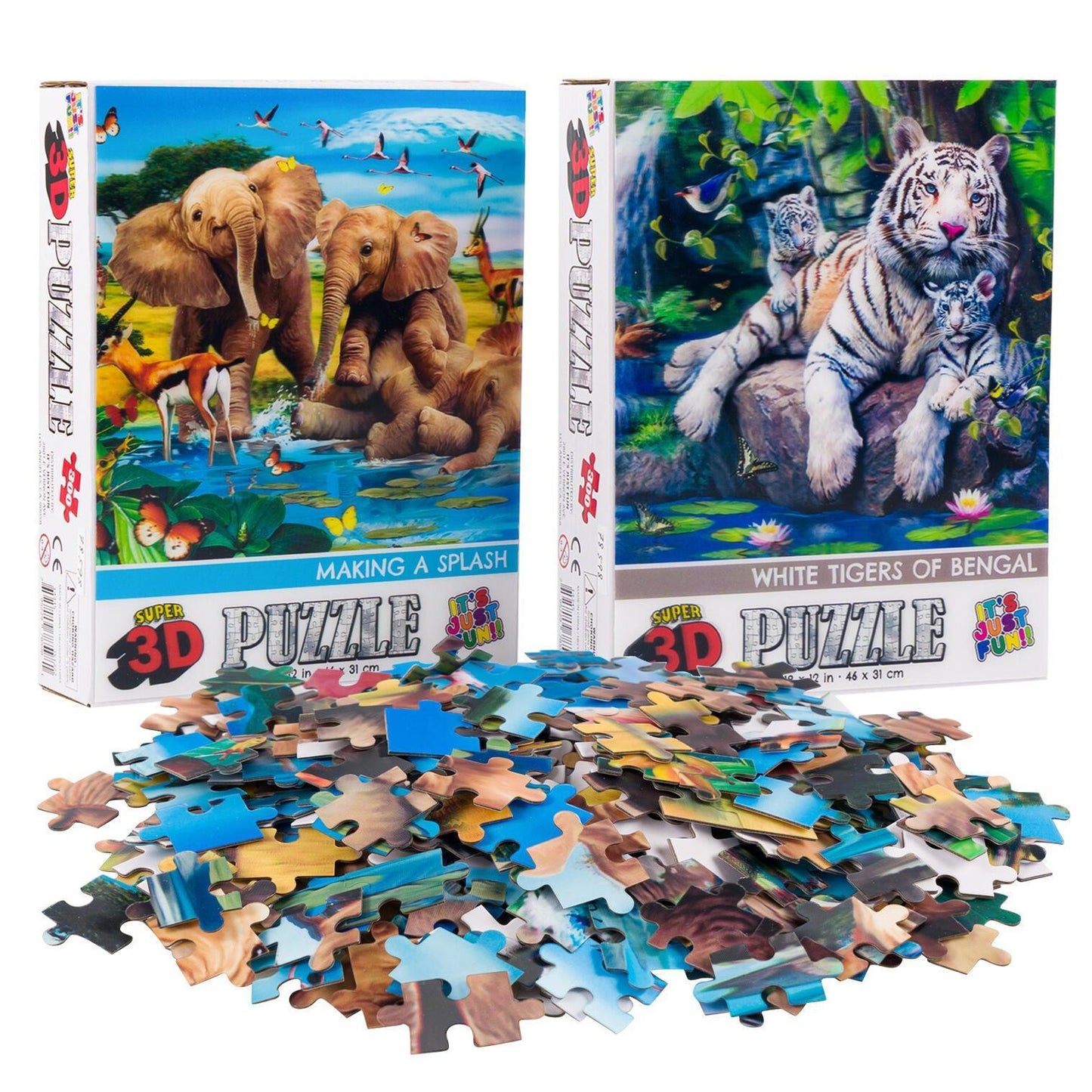 Elephants & Tigers 3D Lenticular Jigsaw Puzzle Set | 2 x 300 Pieces | 18"x12" | Ages 6+ - Niksstuff