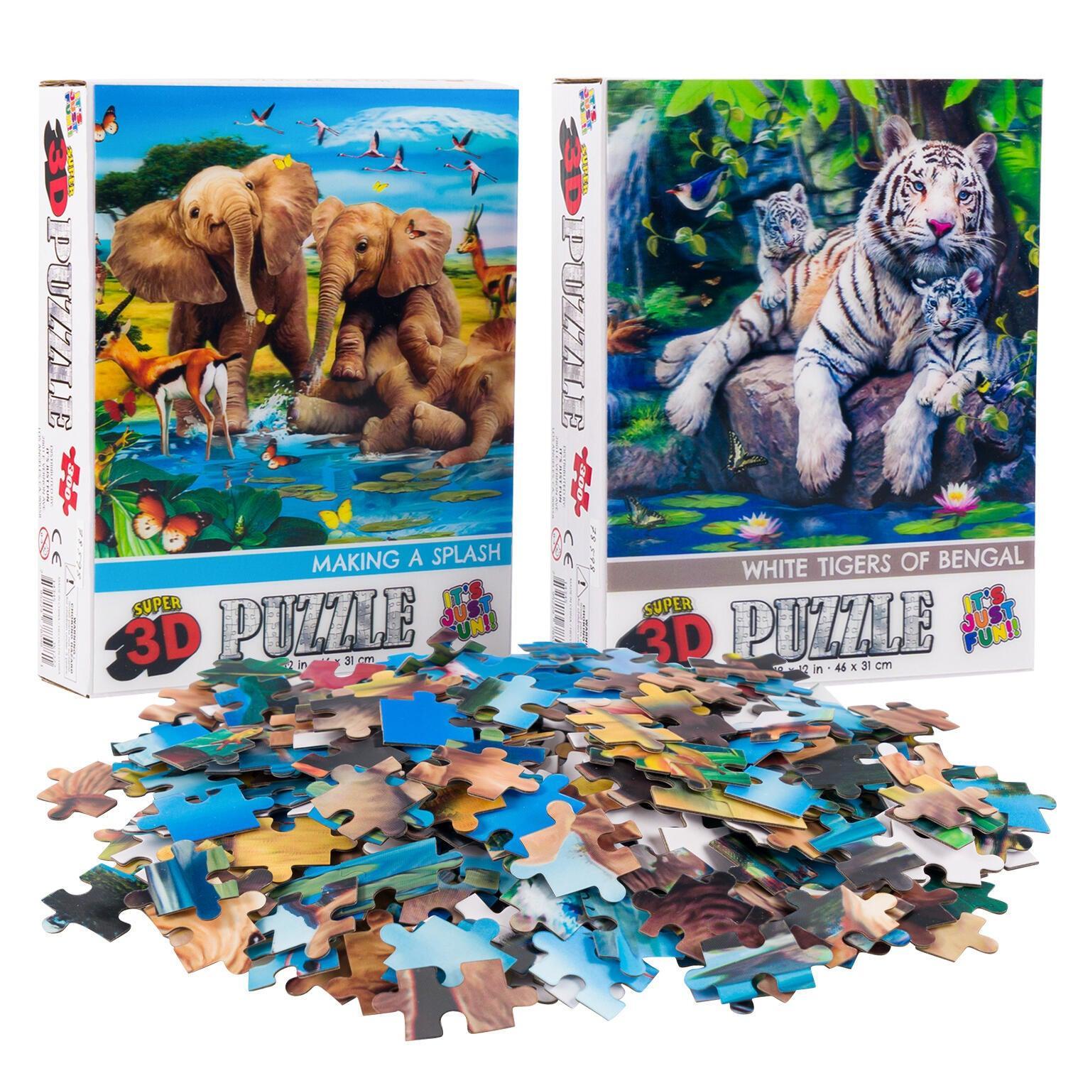 Elephants & Tigers 3D Lenticular Jigsaw Puzzle Set | 2 x 300 Pieces | 18"x12" | Ages 6+ - Niksstuff