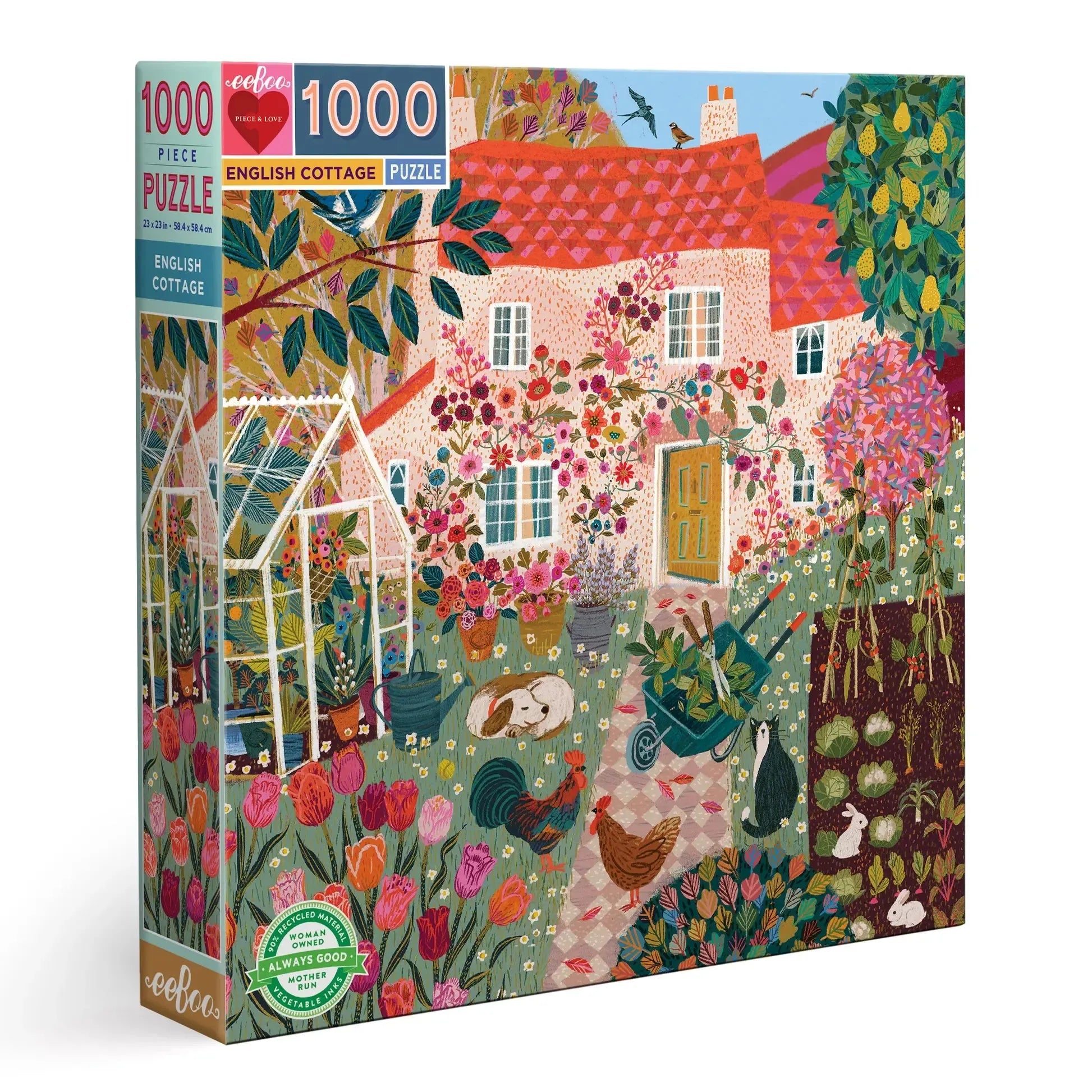 English Cottage Jigsaw Puzzle | 1000 Pieces | 23"x23" | Art by Victoria Ball | eeBoo - Niksstuff