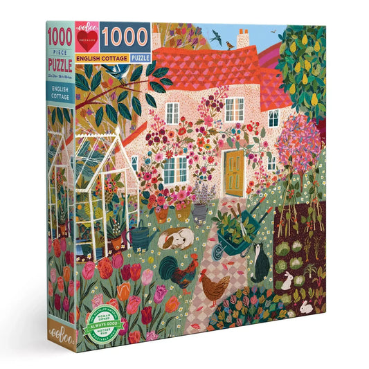 1000-piece jigsaw puzzle box with cottage garden illustration, birds, flowers and shed