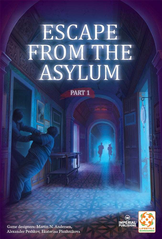 Cooperative board game cover for Part 1, illustrated dark asylum hallway scene