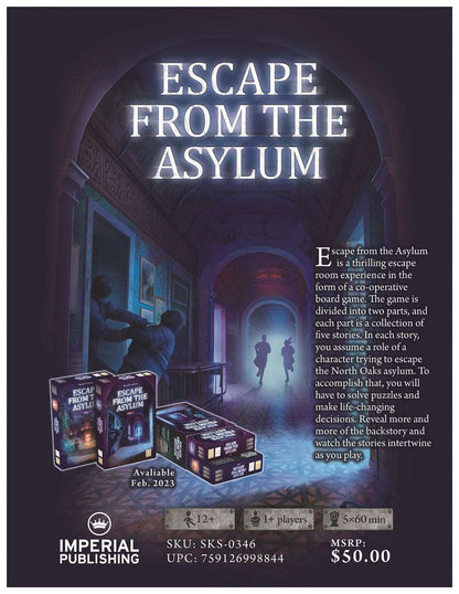 Board game box back cover with title and description text plus component info layout