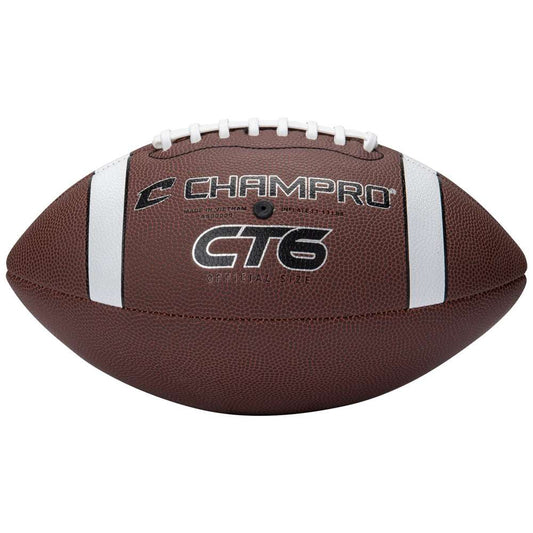 Champro composite football with CT6 logo, brown laced ball and white stripe panels