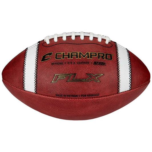 Red leather football with white stripe panels and white laces, CHAMPRO FLX branding.