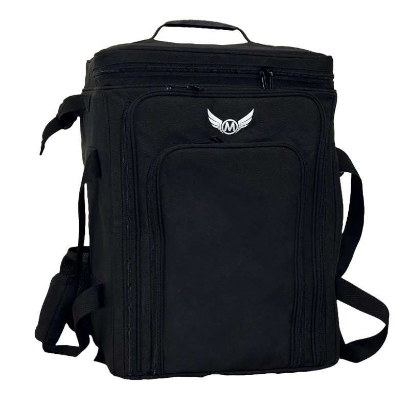Black padded board game carrying bag with front logo and top handle