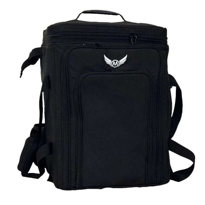 Black padded board game carrying bag with front logo and top handle
