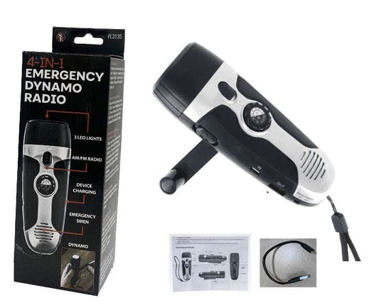 Handheld emergency dynamo radio with hand crank, flashlight lens, and charging cable