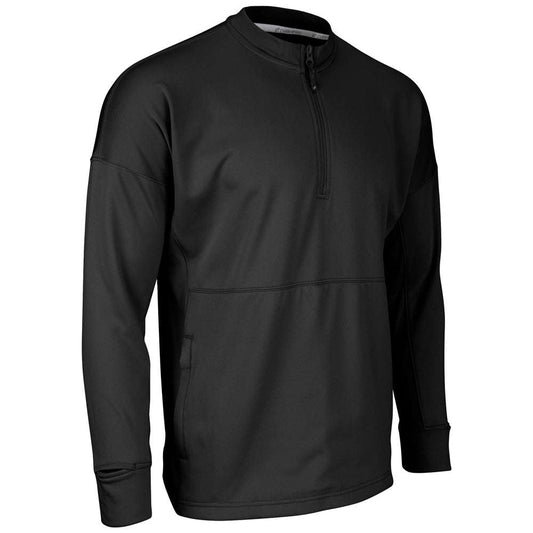 Men's fleece 1/4 zip pullover in black, long sleeves, front view