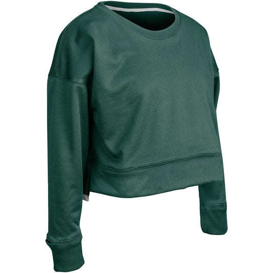 Women’s forest green cropped crew fleece sweatshirt with long sleeves and ribbed cuffs