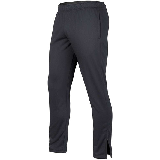 Black fleece track pants with elastic waistband and tapered legs, side hem slits