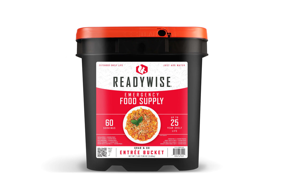 ReadyWise 60-serving emergency food entree bucket with red lid and front label