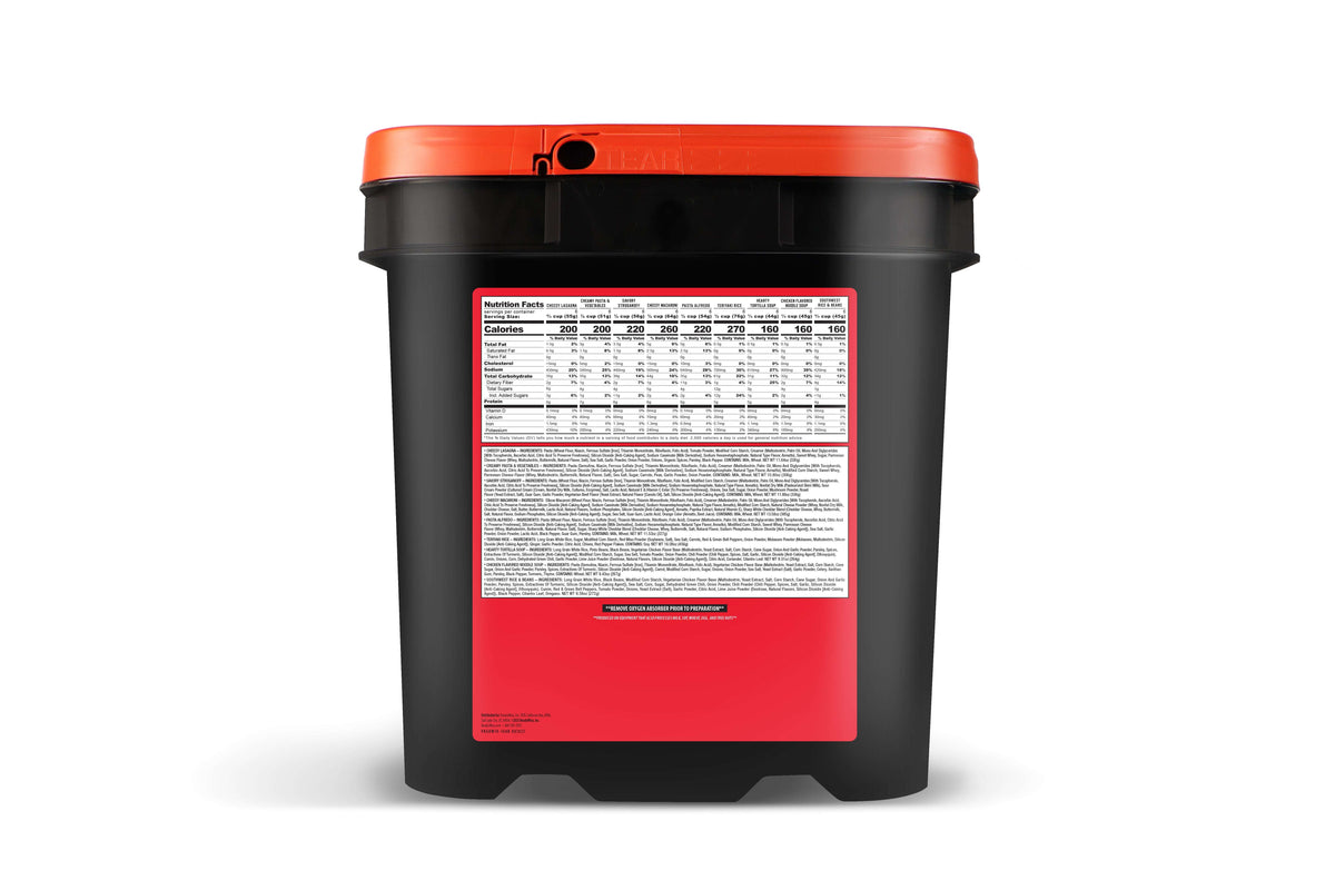ReadyWise 60-serving emergency food entree bucket with back information panel