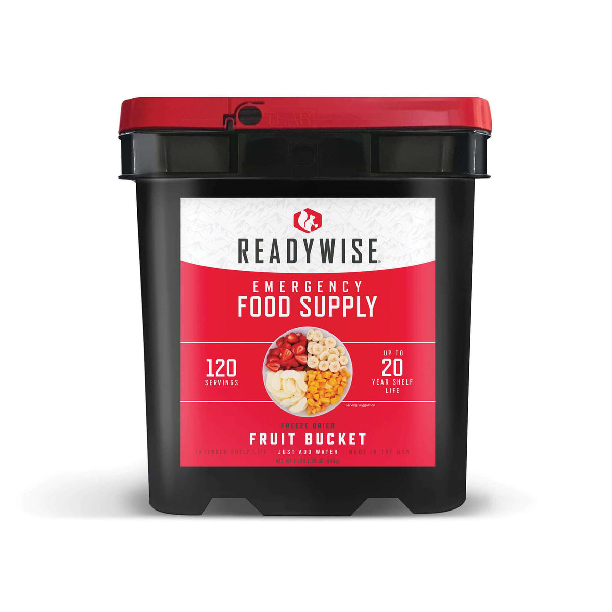 Red and black freeze-dried fruit emergency bucket with lid, 120 servings