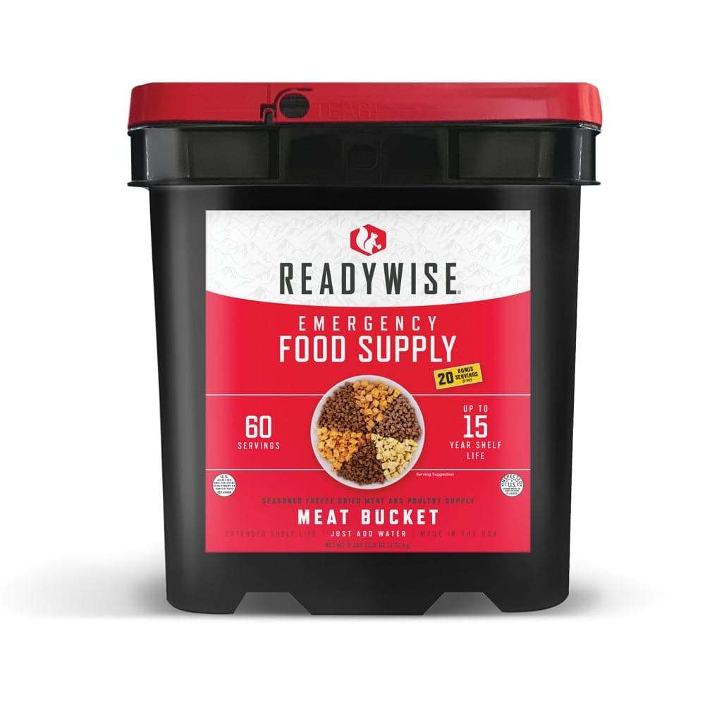 Readywise emergency food supply bucket with red lid and label