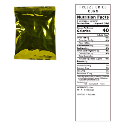 Freeze-dried corn pouch with Nutrition Facts label on package
