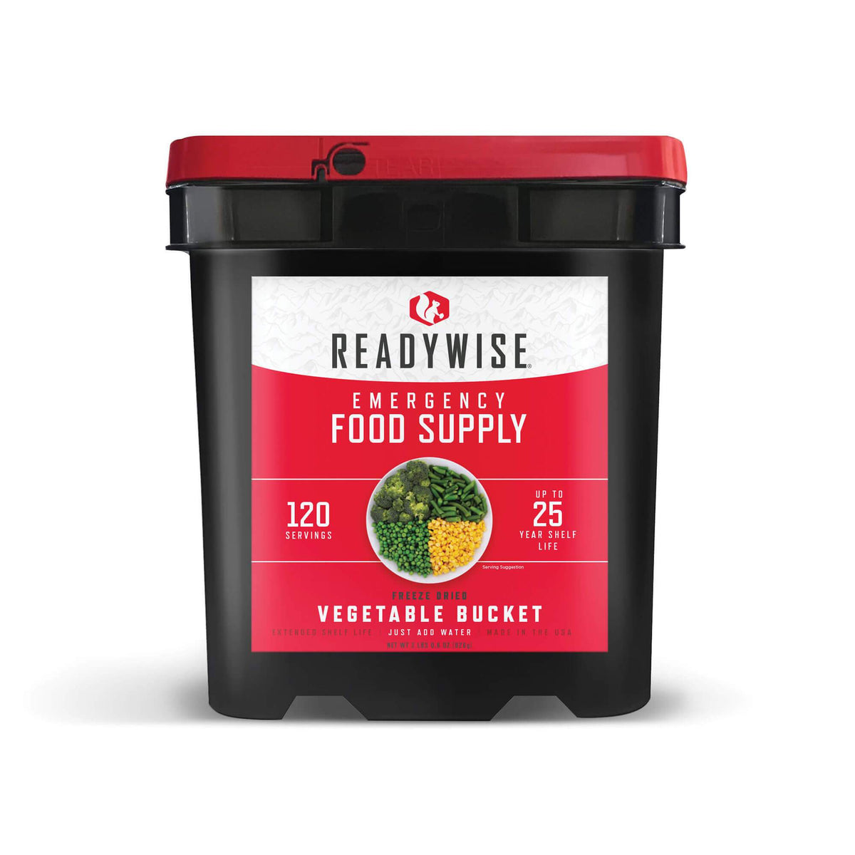 Emergency vegetable food bucket, red lid, black bucket, Readywise 120 servings
