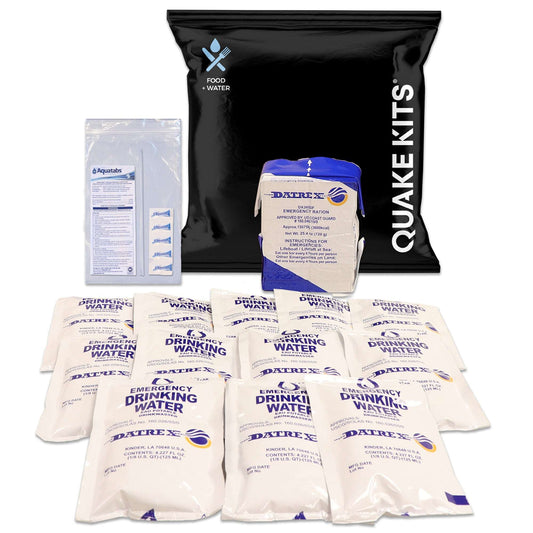 Emergency food and water refill pack with sealed pouches and instructions