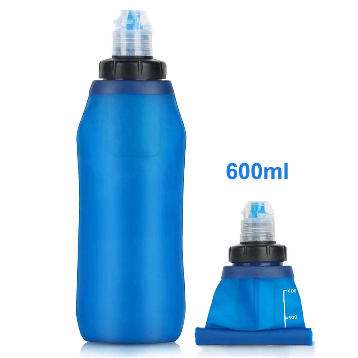 Blue 600ml collapsible water filter bottle with clear filter top and foldable base