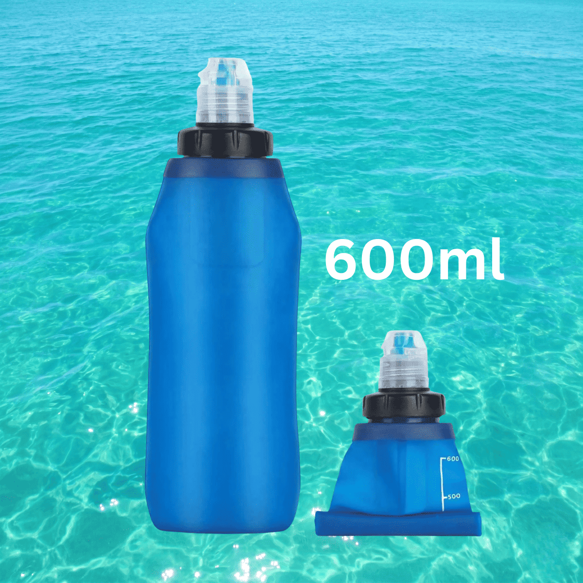 600ml blue collapsible water filter bottle with clear spout and black cap