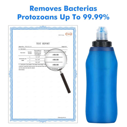 Blue 600ml collapsible water filter bottle with clear spout and black dispensing cap