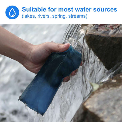 Blue collapsible water filter bottle being filled at a stream