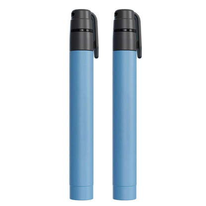 Set of two compact water purification straws, light blue with black flip-top caps
