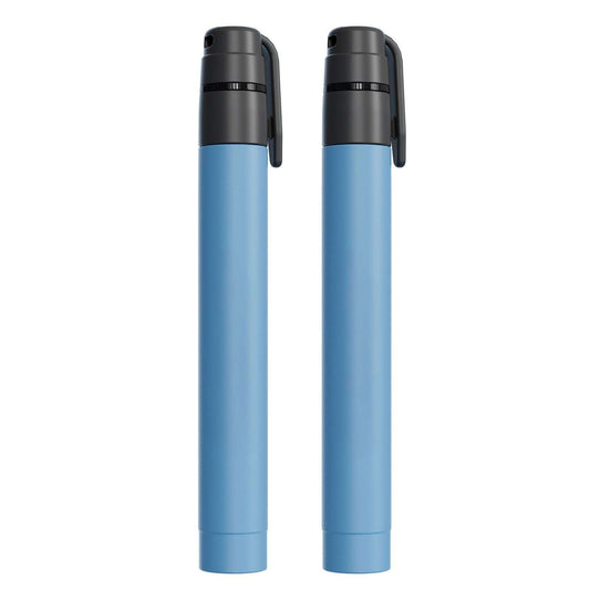 Set of two compact water purification straws, light blue with black flip-top caps
