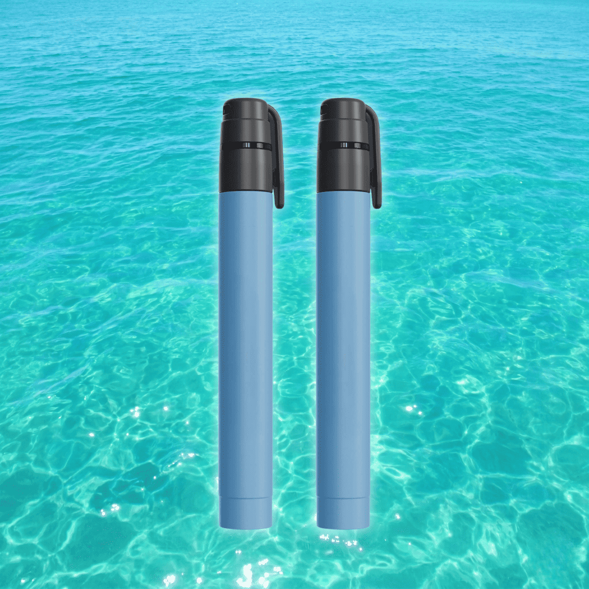 Two-pack compact water purification straws, light blue bodies with black caps