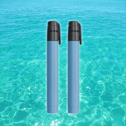Two-pack compact water purification straws, light blue bodies with black caps