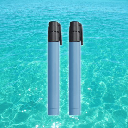 Two-pack compact water purification straws, light blue bodies with black caps