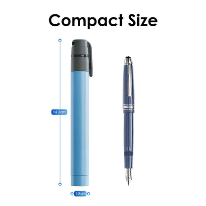 Compact water purification straw, light blue body with black top and protruding tip