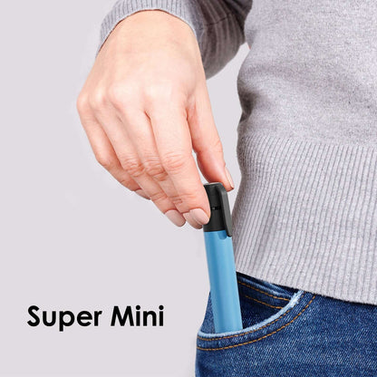 Super mini water purification straw held in hand, light blue body with black flip cap