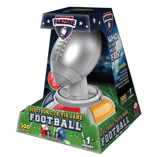 Electronic football trivia game showing toy football on speaker base, retail box