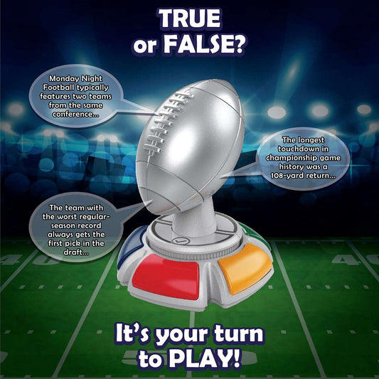 Electronic football trivia game display with toy football controller, True or False graphics