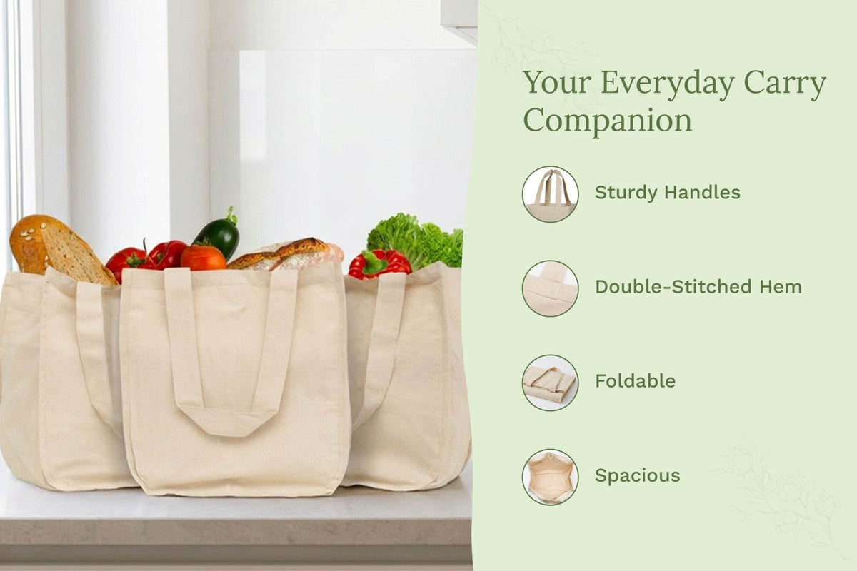 Organic Cotton Canvas Grocery Tote Bag with Bottle Sleeves