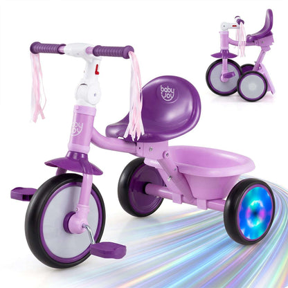 Purple toddler tricycle with light-up wheels and front basket, 3-wheel design