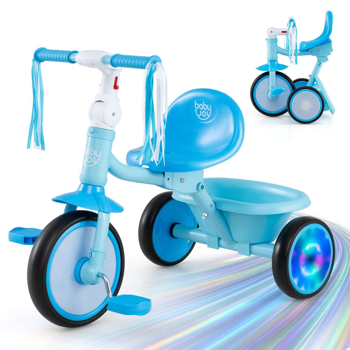 Blue toddler tricycle with light-up wheels and front basket, 3-wheel design