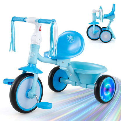 Blue toddler tricycle with light-up wheels and front basket, 3-wheel design