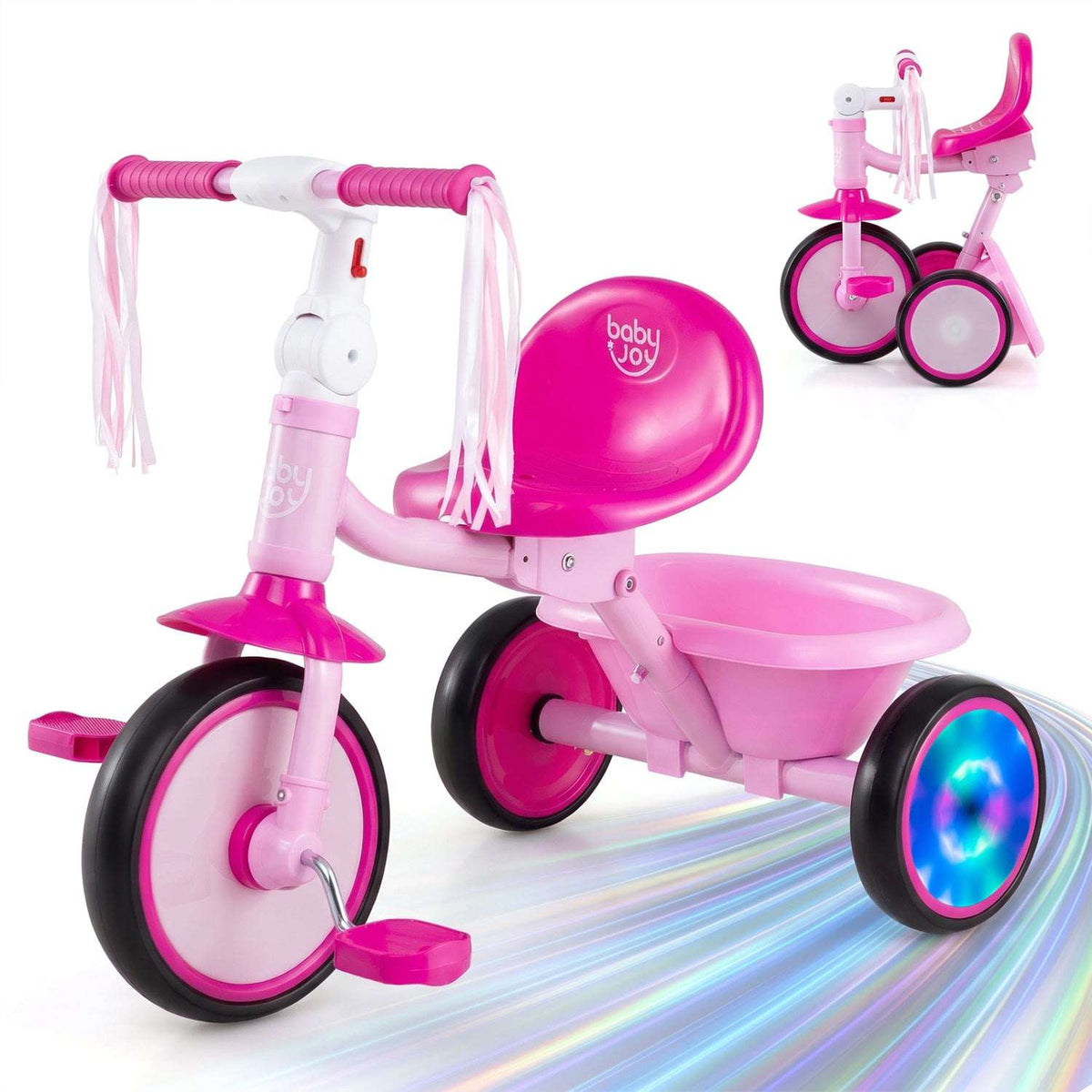 Pink toddler tricycle with light-up wheels and front basket, 3-wheel design