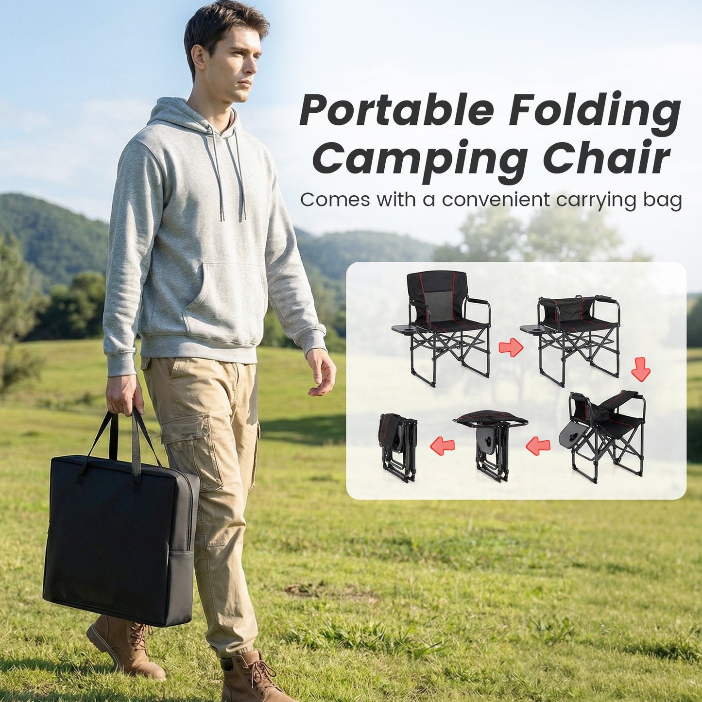 Folding Camping Chair with Side Table, Cup Holder & Carrying Bag