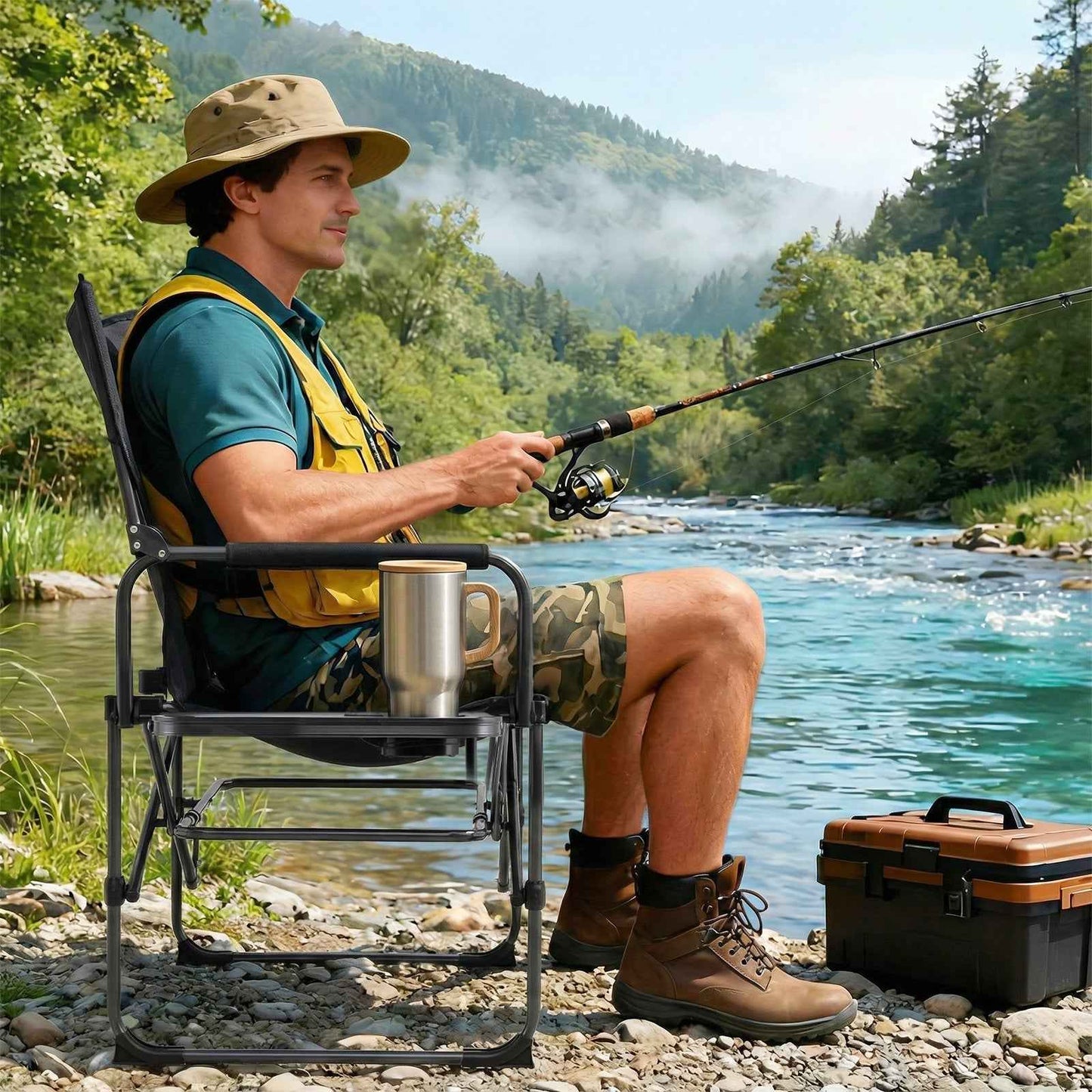 Folding Camping Chair with Side Table, Cup Holder & Carrying Bag