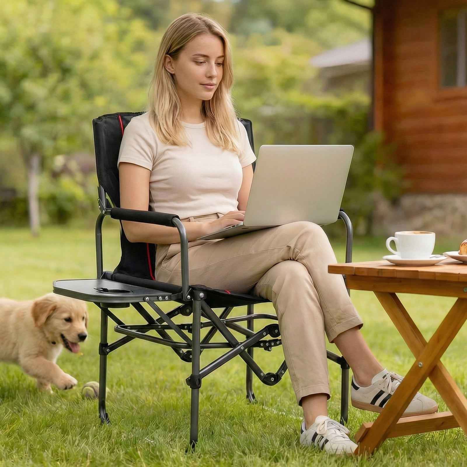Folding Camping Chair with Side Table, Cup Holder & Carrying Bag