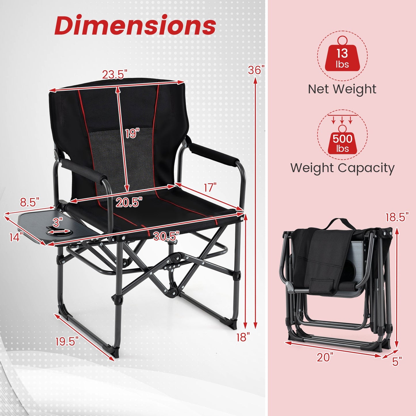 Folding Camping Chair with Side Table, Cup Holder & Carrying Bag