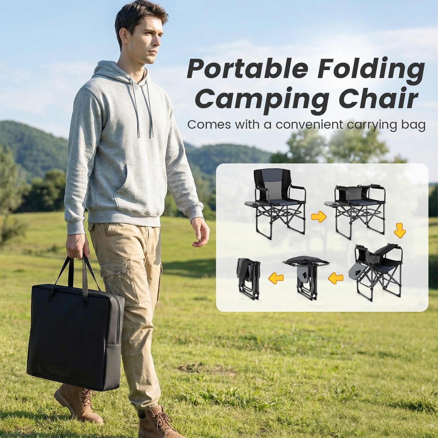 Folding Camping Chair with Side Table, Cup Holder & Carrying Bag