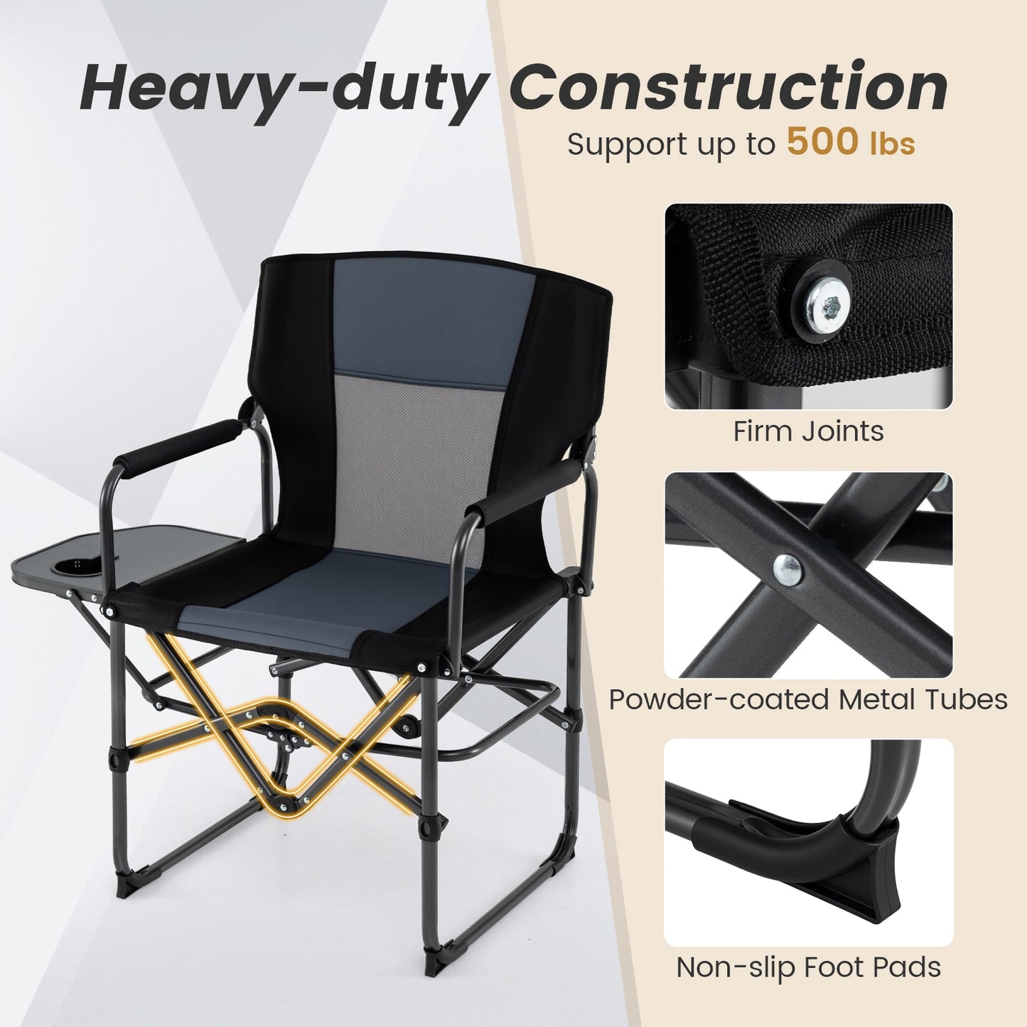 Folding Camping Chair with Side Table, Cup Holder & Carrying Bag