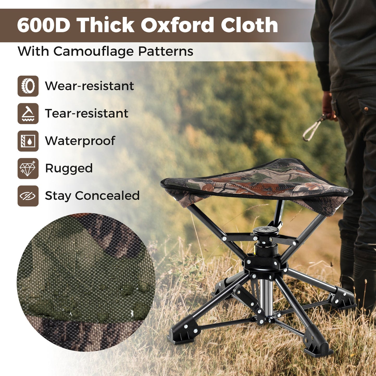 Folding Camping Stool with 360° Swivel & Anti-Sink Feet | Fishing Chair