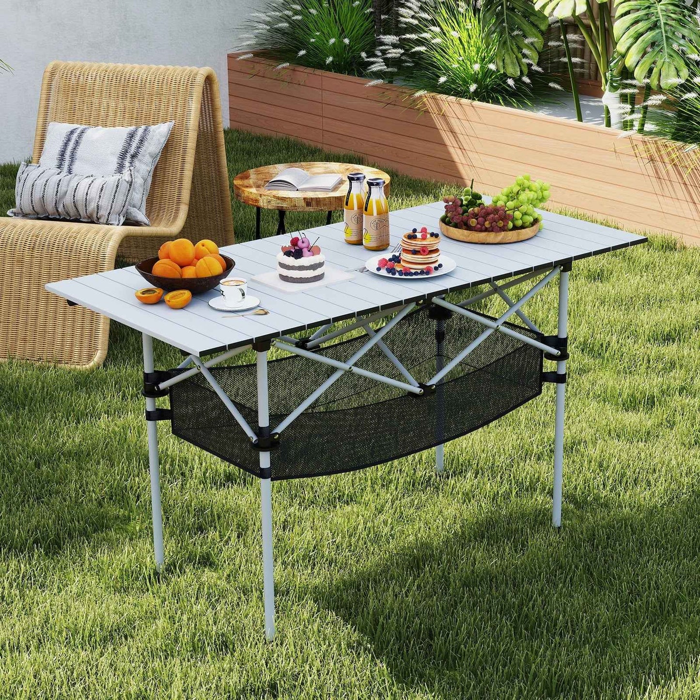 Large Folding Camping Table with Roll-Up Tabletop & Mesh Basket | Seats 4-6