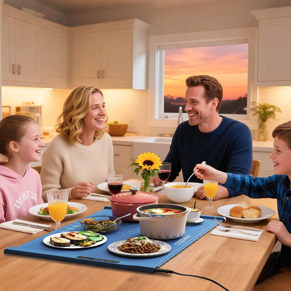 Blue electric food warming mat spread across a table beneath serving dishes