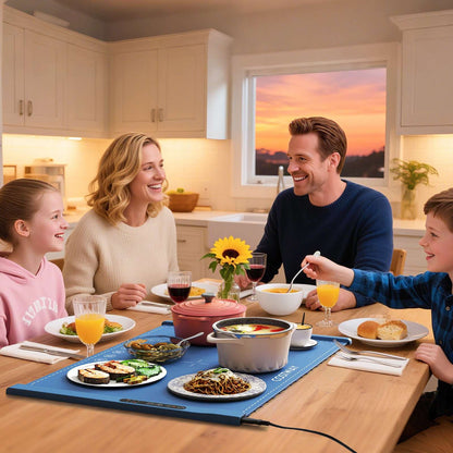 Blue electric food warming mat spread across a table beneath serving dishes