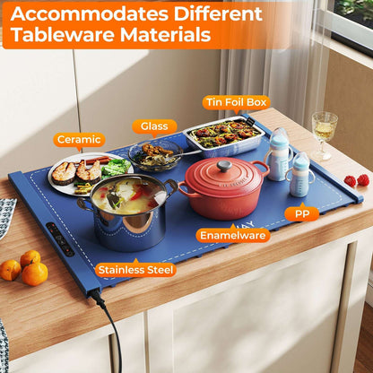 Blue electric food warming mat displaying compatibility with ceramic, glass, and metal cookware